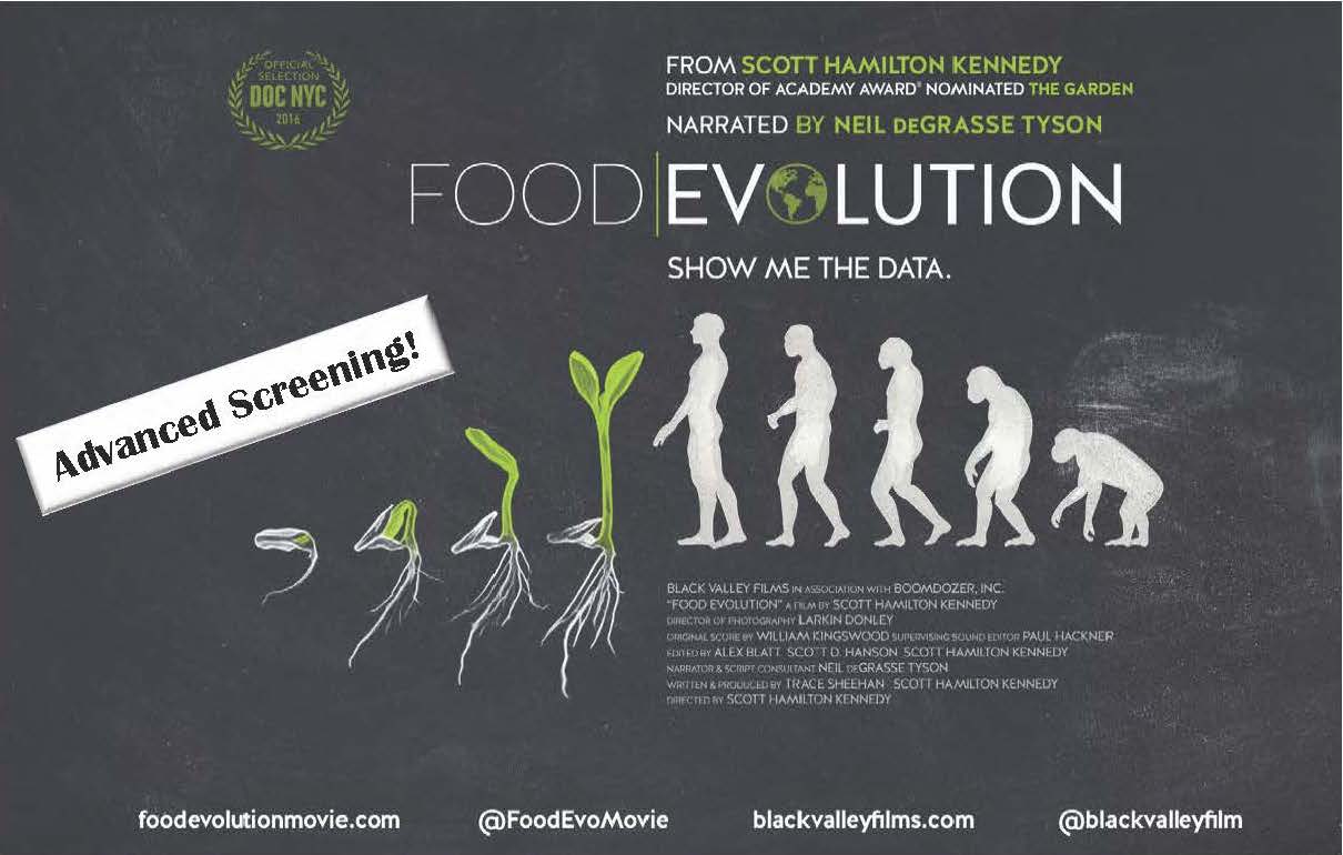Advertisement of advanced screening of the movie Food Evolution